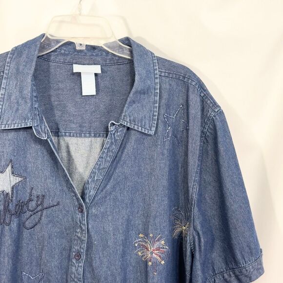 Liz &‎ Me Plus Size 34W 36W Denim Top Fireworks Americana Fourth of July 1464 - Picture 4 of 10